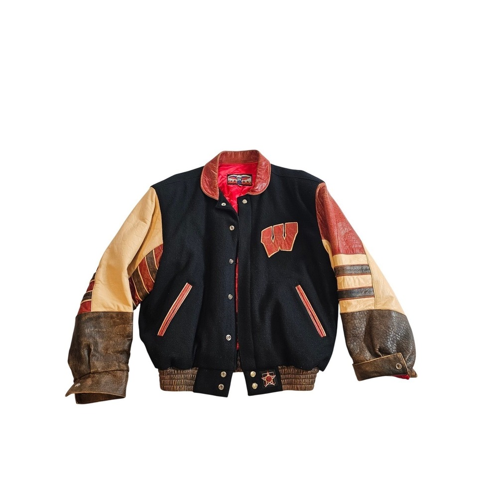Vintage Style Leather Varsity Jacket Mens L Wisconsin Badgers Wool Jeff Hamilton